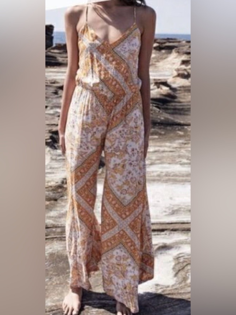 Anthropologie Jaase Boho Jumpsuit Wide Legs Adj Straps Elastic Waist EUC size XL